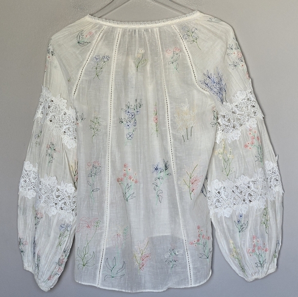 Love Sam Balloon Sleeve Floral Embroidered Cream Boho Cotton Silk Top Size XS - Picture 2 of 12